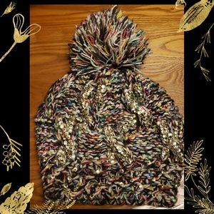 Multi-Color Acrylic Yarn Winter Hat w. Pom-Pom